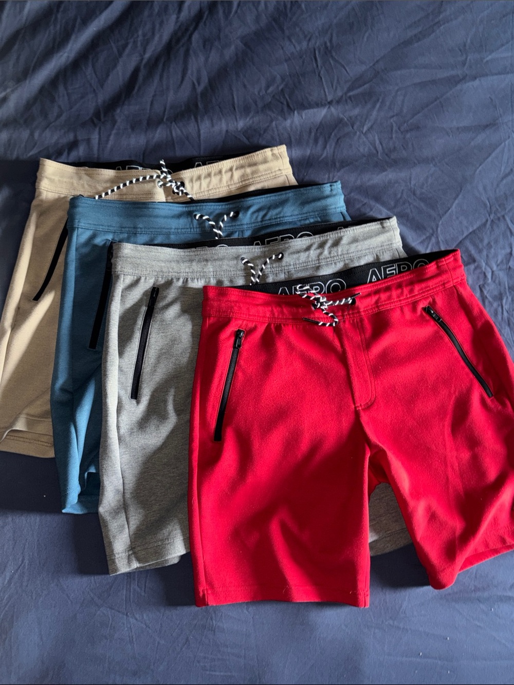 AERO by Aeropostale 4 pc Lot Men's Drawstring Shorts - Red, Gray, Blue, Tan